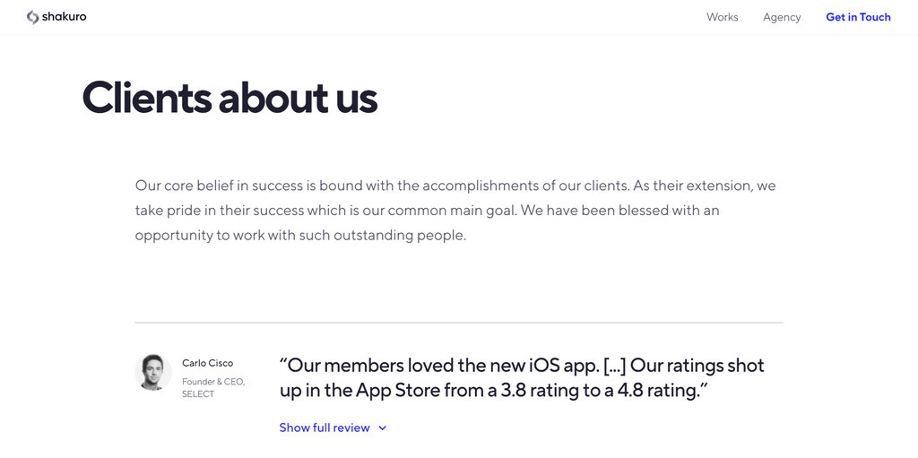 Shakuro's testimonials page