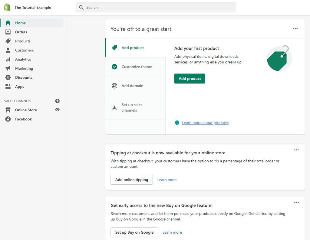 Shopify dashboard.