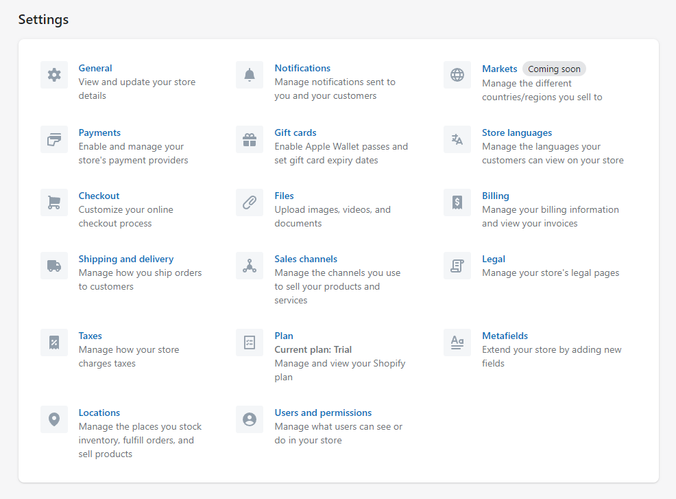 Shopify Settings page.