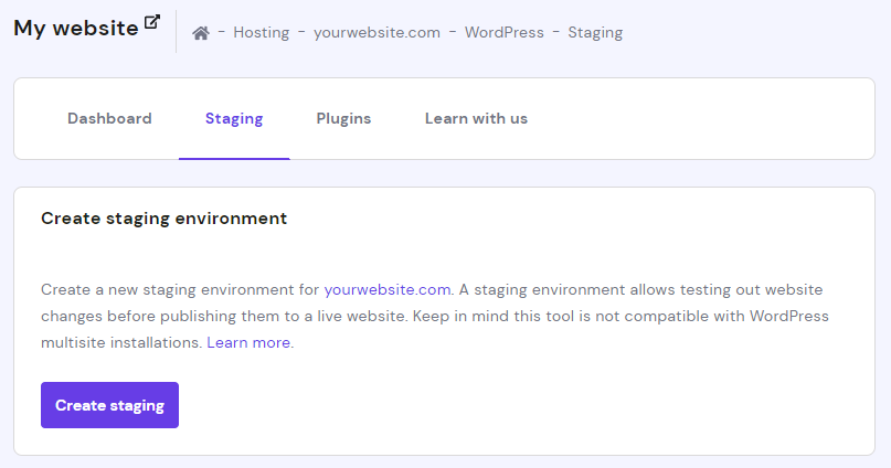 Staging environment on Hostinger's hPanel.