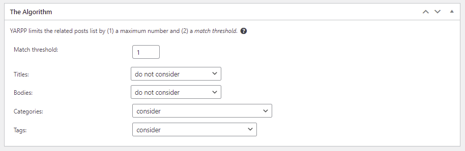 The Algorithm section of the YARPP settings page