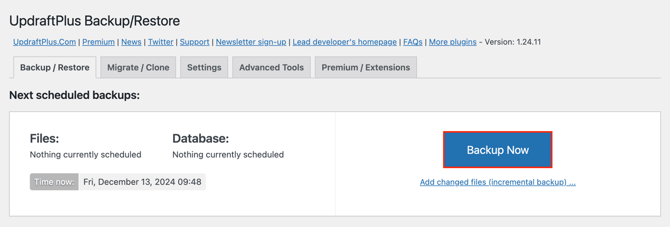 The Backup Now button under the Backup / Restore tab in UpdraftPlus plugin dashboard.