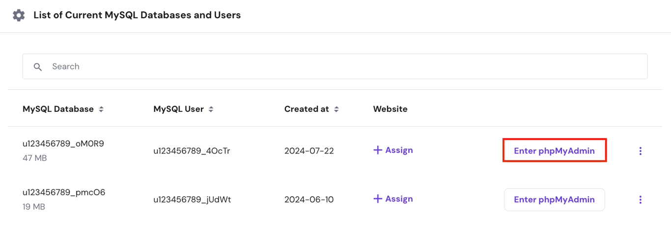 The Enter phpMyAdmin button in the List of Current Databases section of hPanel.
