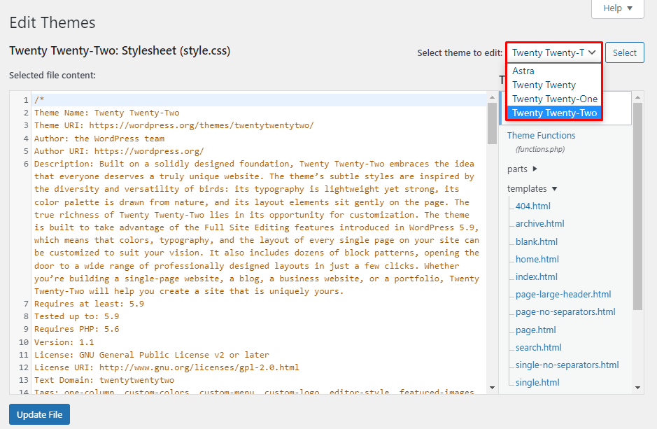 Theme options in the WordPress theme editor.