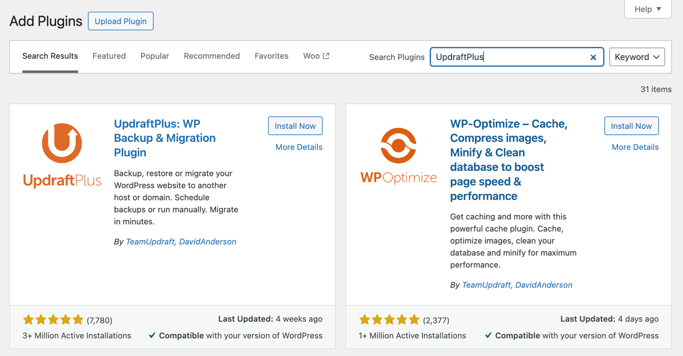 The UpdraftPlus plugin search results in the WordPress official repository.