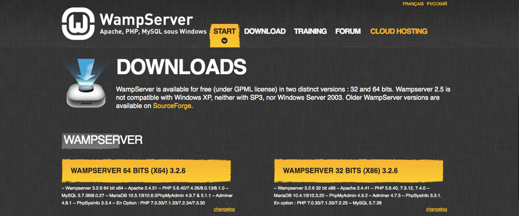 Two options to download WampServer.