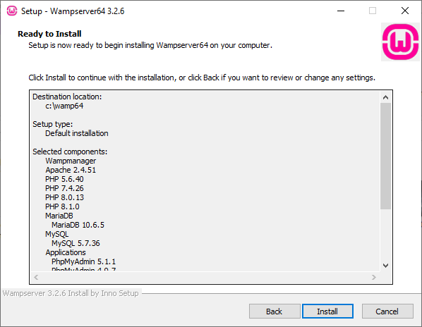 The setup window informing that Wampserver64 is ready to install.