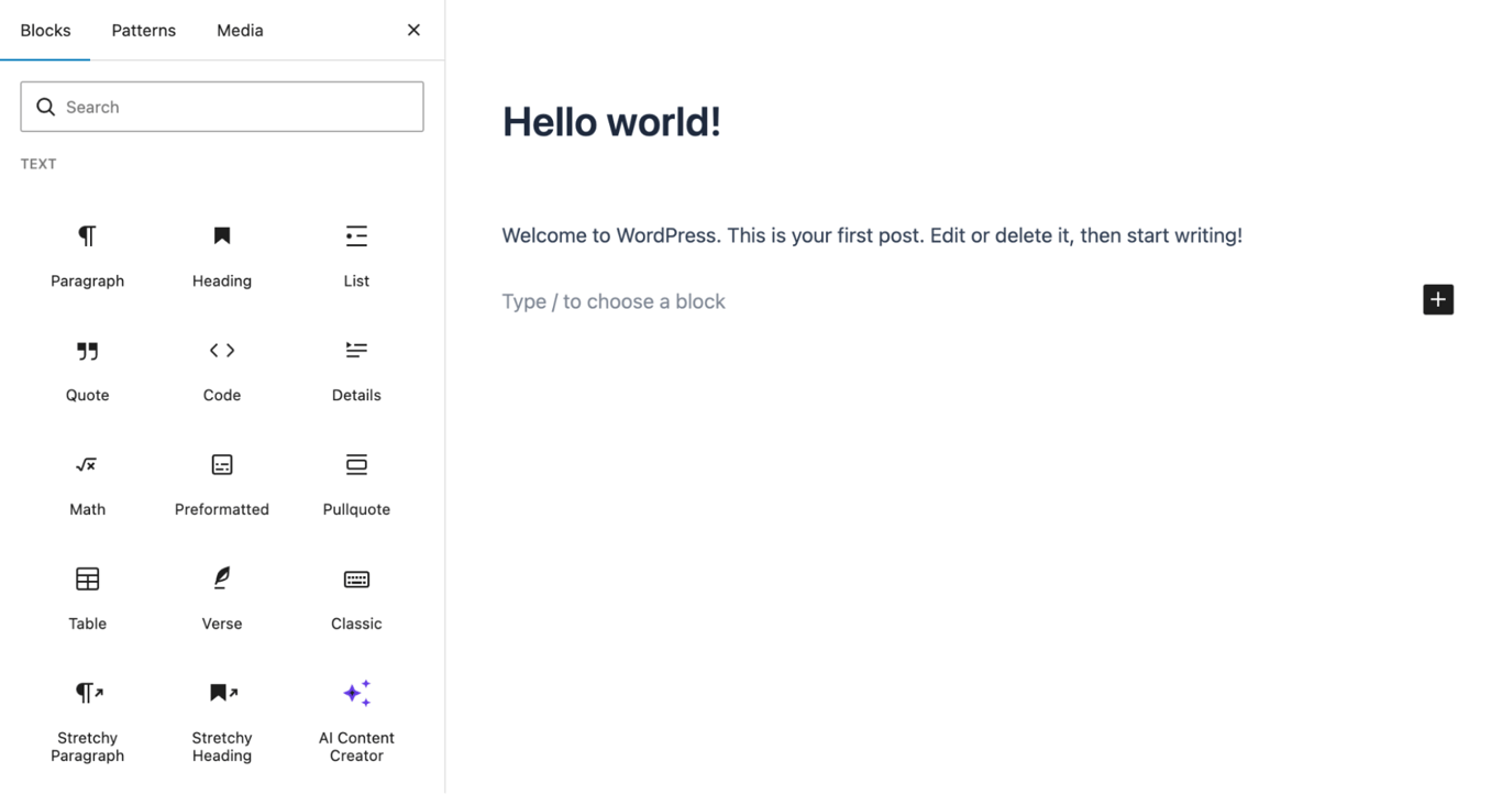 WordPress block editor with the block inserter panel showing available text blocks