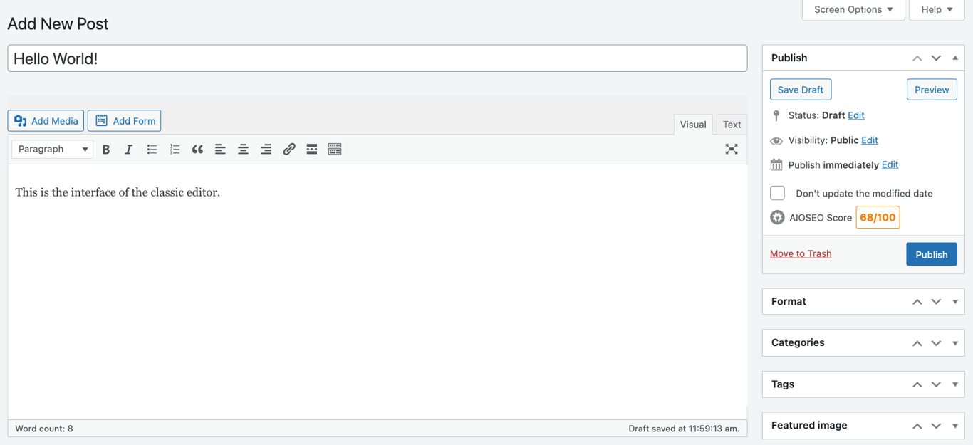 WordPress classic editor interface