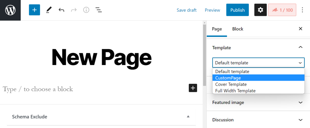 WordPress template section on the block editor
