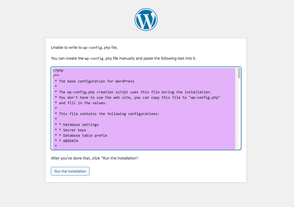WordPress giving the manual code for macOS users.