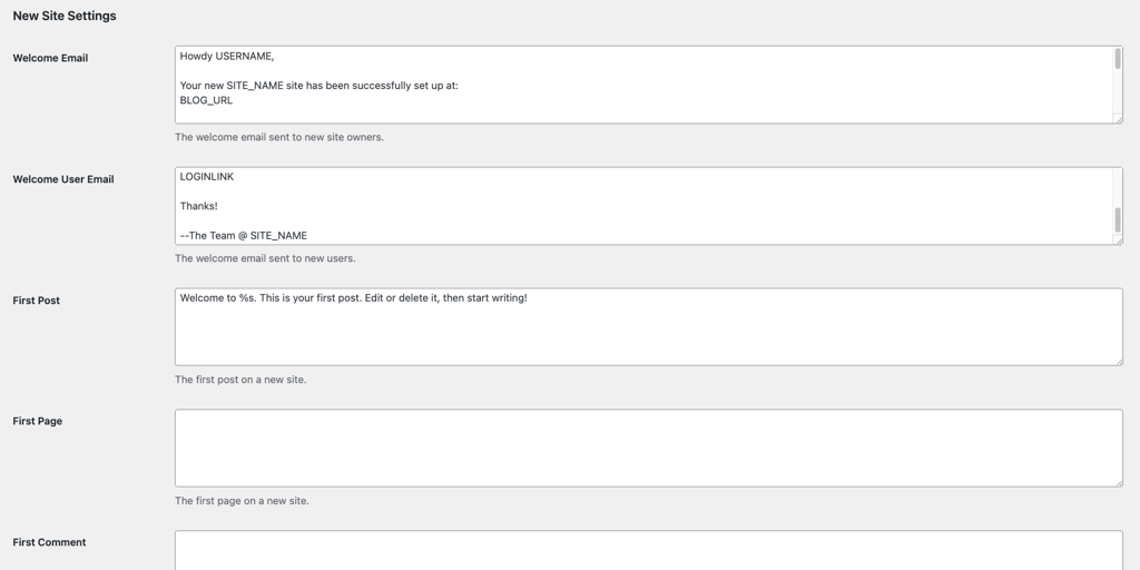 WordPress Network Settings showing New Site Settings section