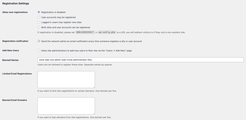 WordPress Network Settings showing Registration Settings options
