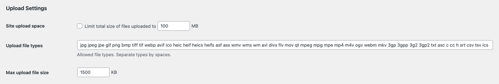 WordPress Network Settings showing Upload Settings section