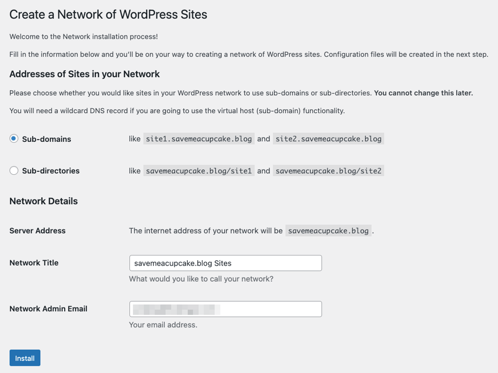 WordPress Network Setup page showing Multisite configuration