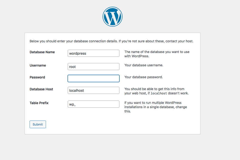Entering your database connection details and keeping the password space blank.