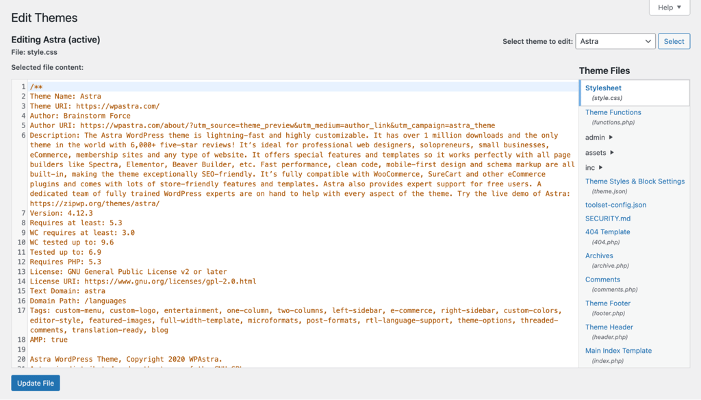 wordpress-theme-file-editor-style-css-with-sidebar WordPress Theme File Editor showing a theme's style.css and the editable files sidebar
