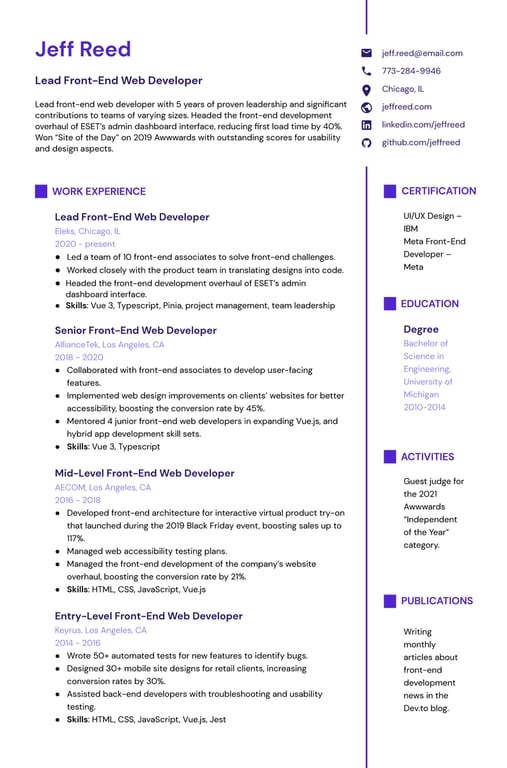 An example of a senior web developer resume.
