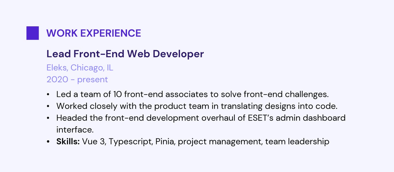 An example of a work experience section in a web developer resume.