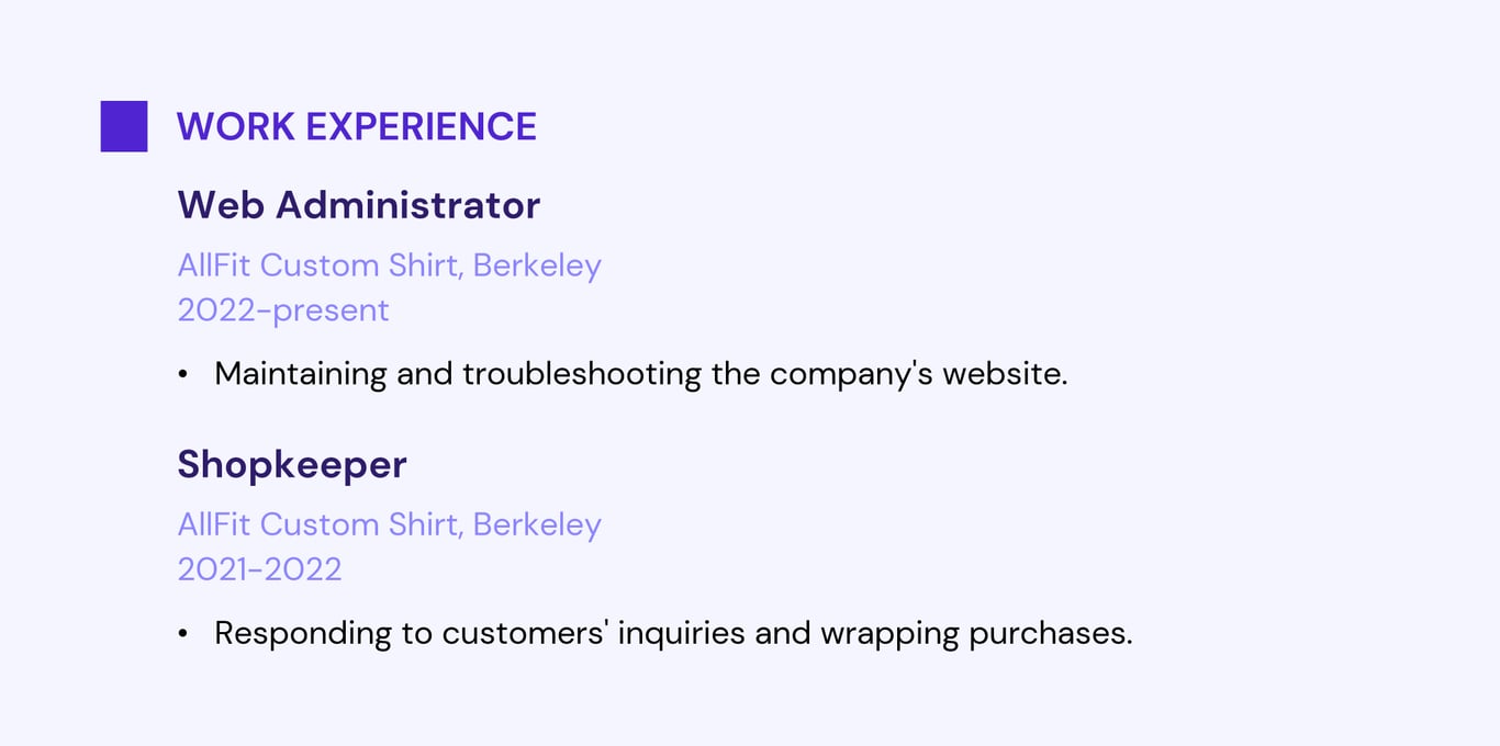 The first example of a work experience section in a web developer resume.