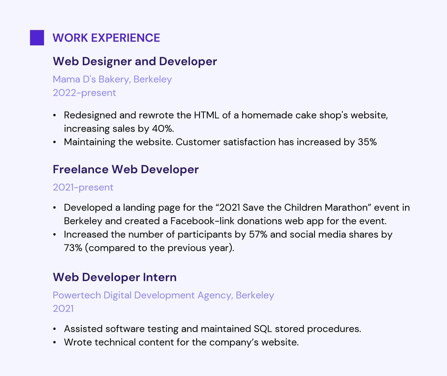 The second example of a work experience section in a web developer resume