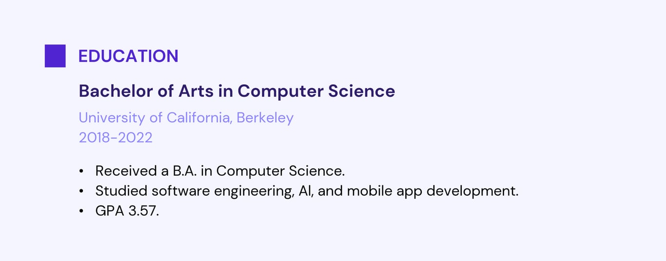 The first example of an education section in a web developer resume