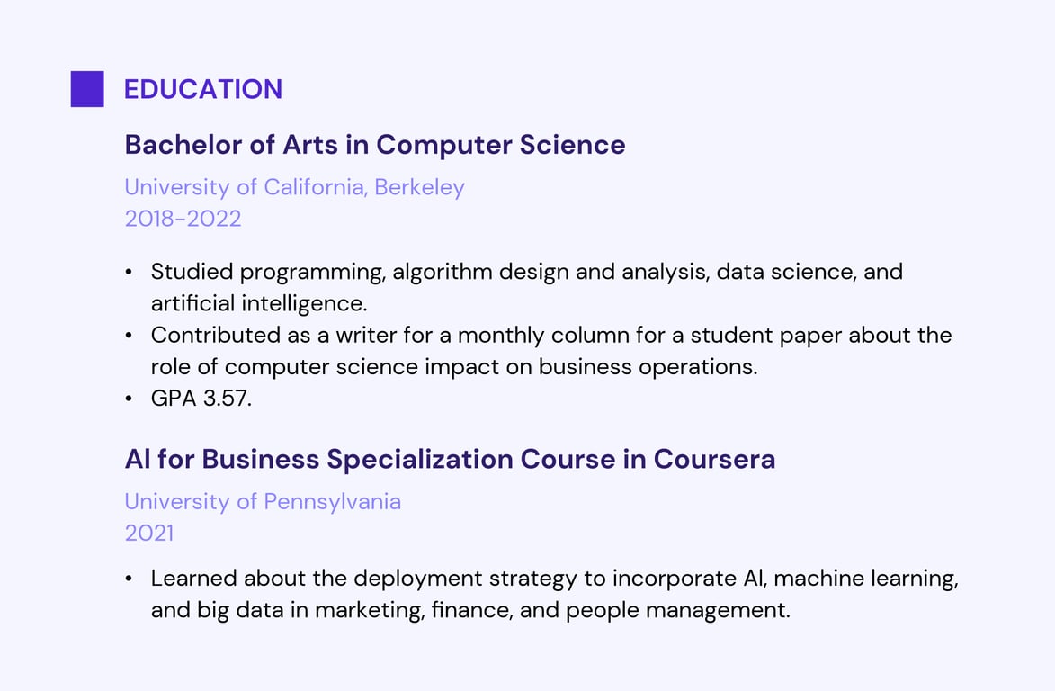 The second example of an education section in a web developer resume