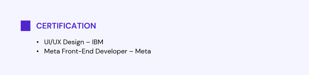 An example of a certification section in a web developer resume