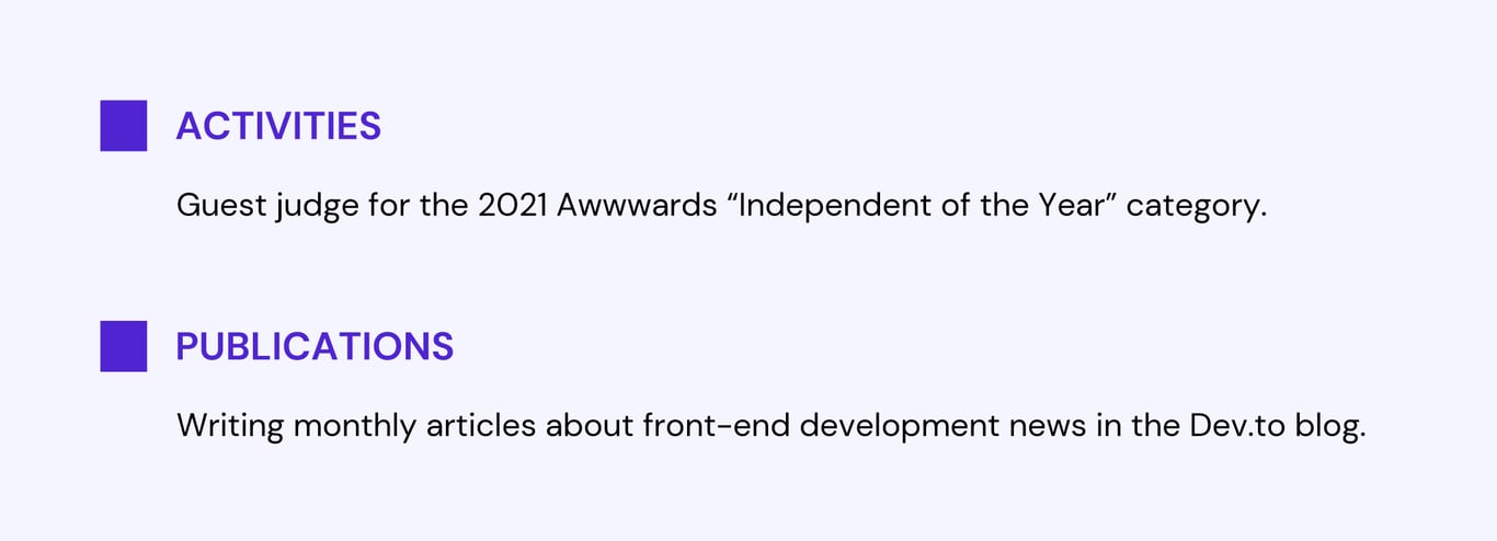 An example of an activity and publication section in a web developer resume