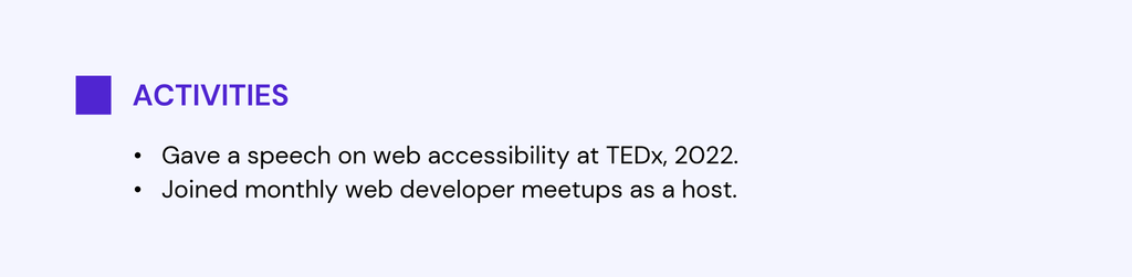 The second example of an activity section in a web developer resume