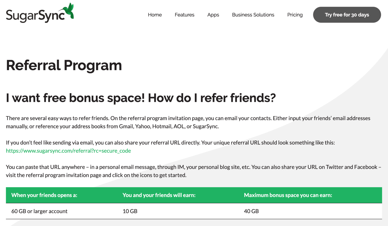 Homepage of SugarSync Referral Program