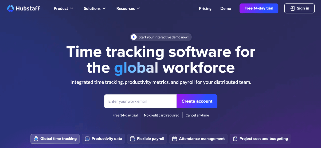 Homepage of Hubstaff