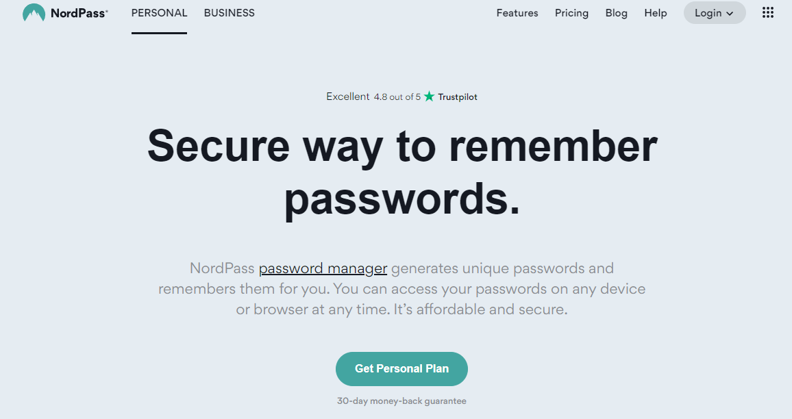 NordPass homepage featuring Get Personal Plan button
