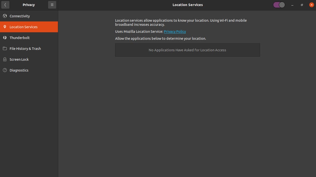 Menu de Serviços de Localização do Ubuntu