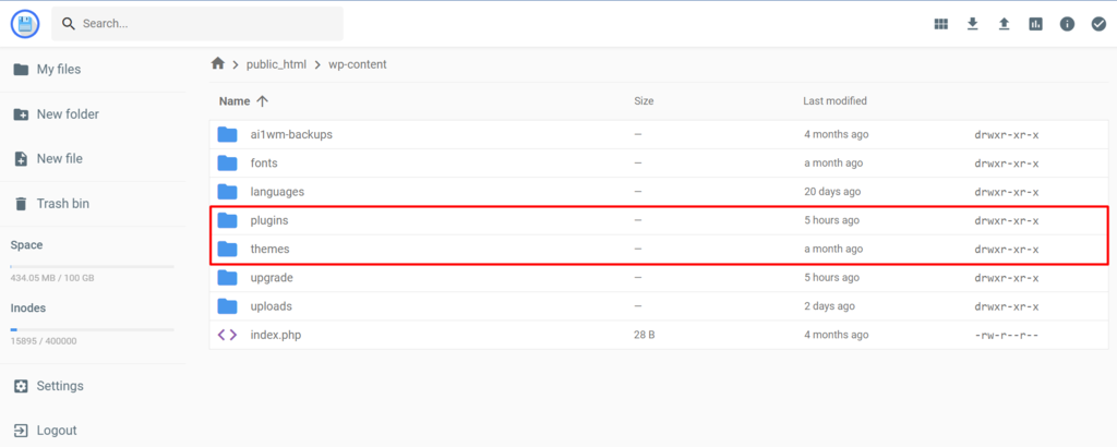 Plugins and themes folder on the hPanel dashboard