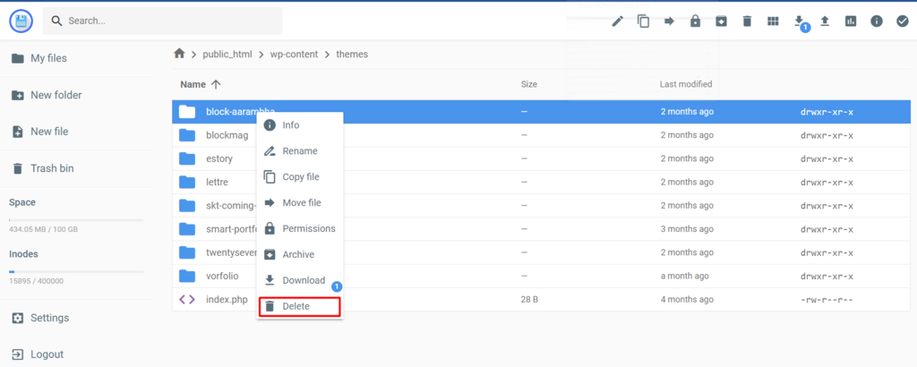 The delete option for the folder on the hPanel dashboard