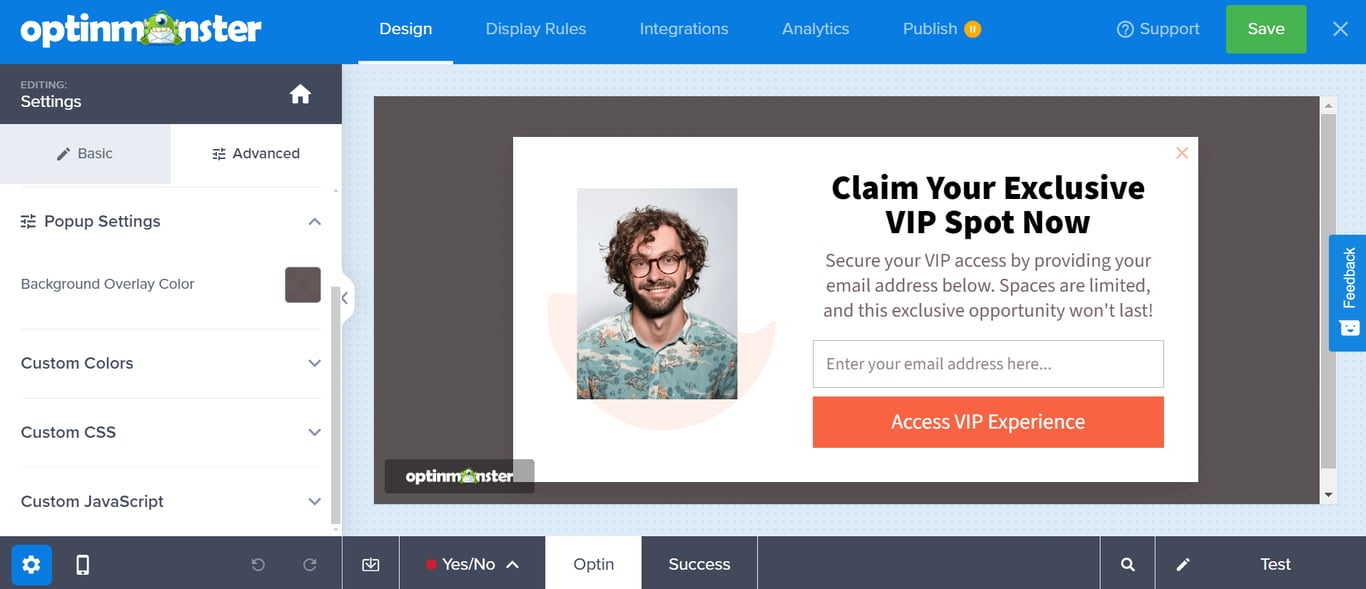The OptinMonster's pop-up builder interface