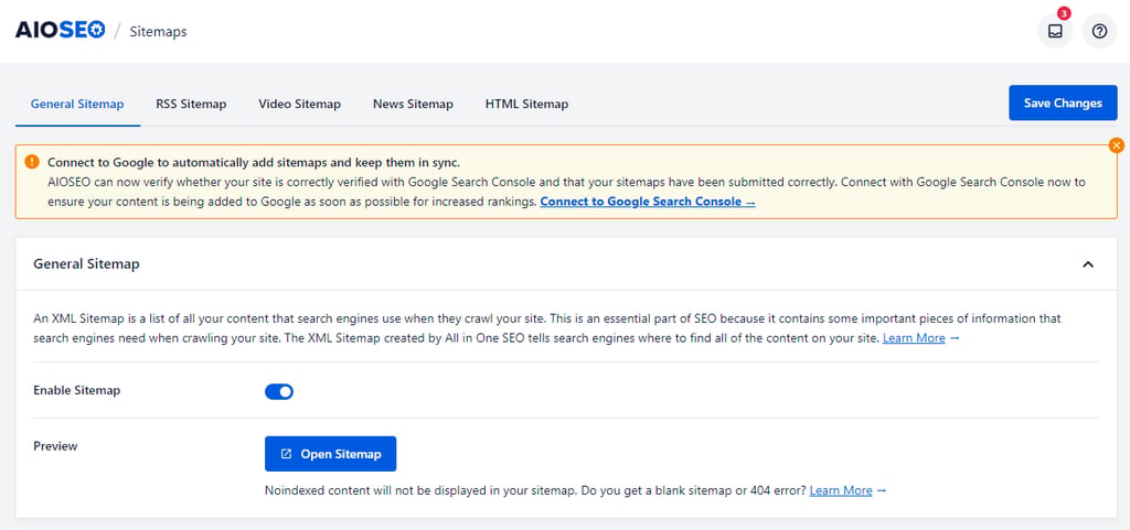 The AIOSEO's XML sitemap configuration interface