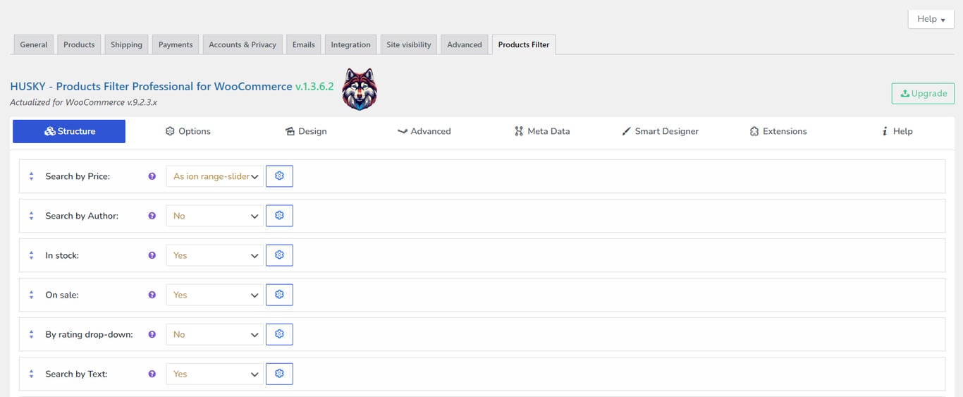 The Husky Product Filter's plugin dashboard interface