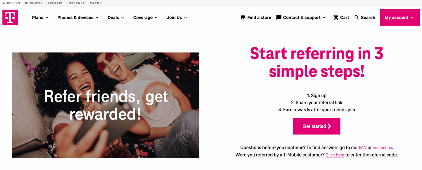 Homepage of T-Mobile referral program