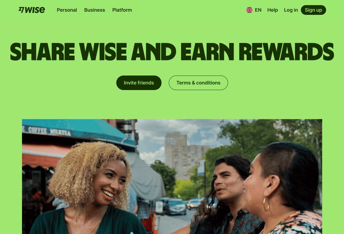 Homepage of Wise referral program