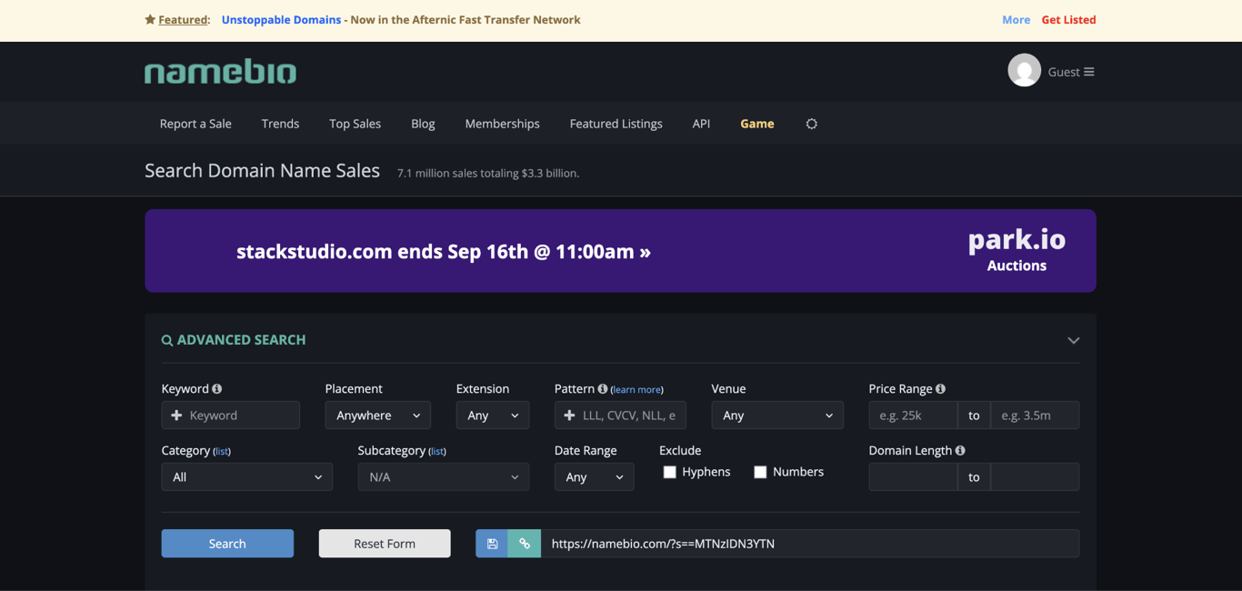 NameBio landing page
