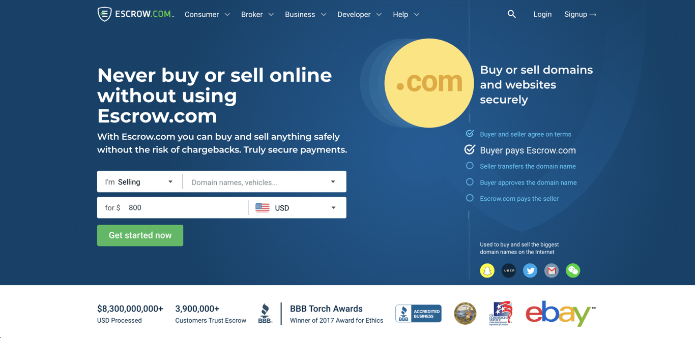 Escrow.com landing page
