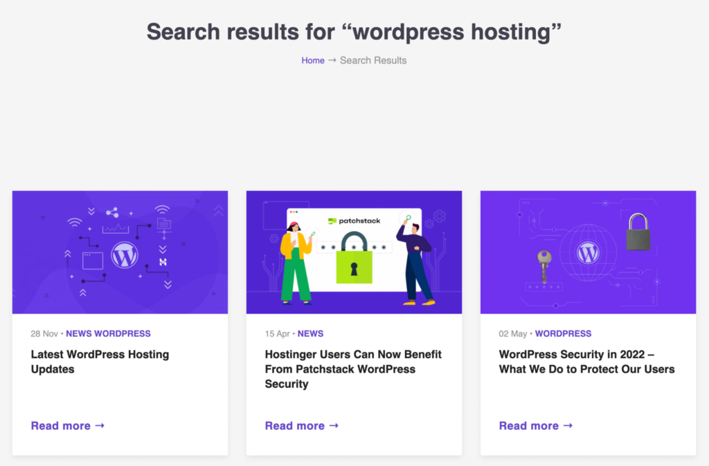 WordPress hosting search results from Hostinger
