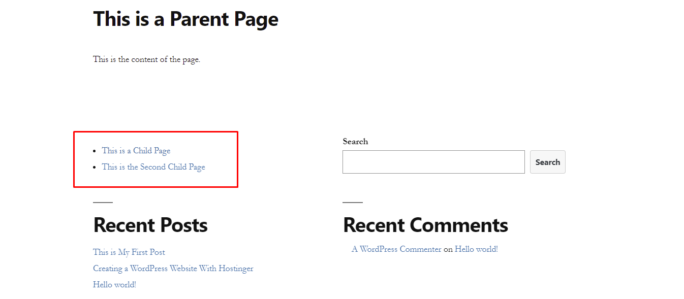 A WordPress page with a list of child pages added by coding