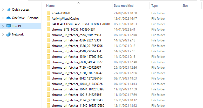 A list of folders in the temp directory on Windows