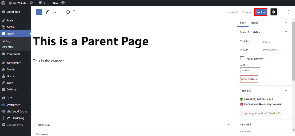 A parent page's draft on the WordPress editor
