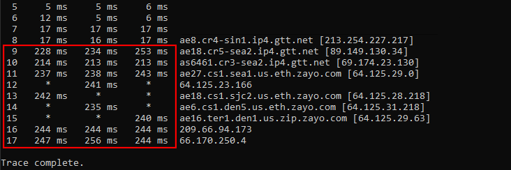A tracert result with increasing latency towards the end