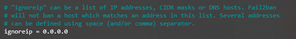 An excerpt from the jail.local config file talking about the ignoreip option