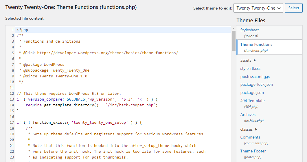 A WordPress theme's functions.php file